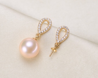 925 Sterling Silver OR Gold Vermeil Oval Earring Findings with Cubic Zirconia: DIY Jewelry for Half Drilled Pearls, Blank Ear Mounts (234-E)