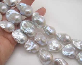 Hilo de perlas barrocas blancas brillantes: 14-18 x 20-25 mm, auténticas perlas irregulares naturales de agua dulce, suministros de joyería DIY (790-BQ)