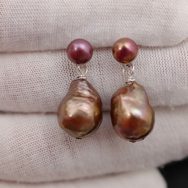 Beautiful Genuine Baroque FreshwaterPearl Earrings w/925 Sterling Silver/Gold Posts,Irregular Teardrop Brown Colored Pearl Earrings(6133-ER)