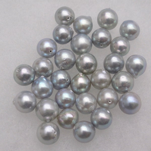 8-9mm Beautiful Silver Gray Nearly Round/Slightly Teardrop Freshwater Pearl Beads 0.8mm Drilled Thru Akoya Style Freshwater Pearls (1102-FP)