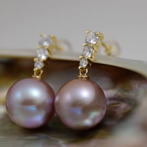 Mauve Pink Edison Pearl Earrings: 925 Gold Sterling, CZ Accent