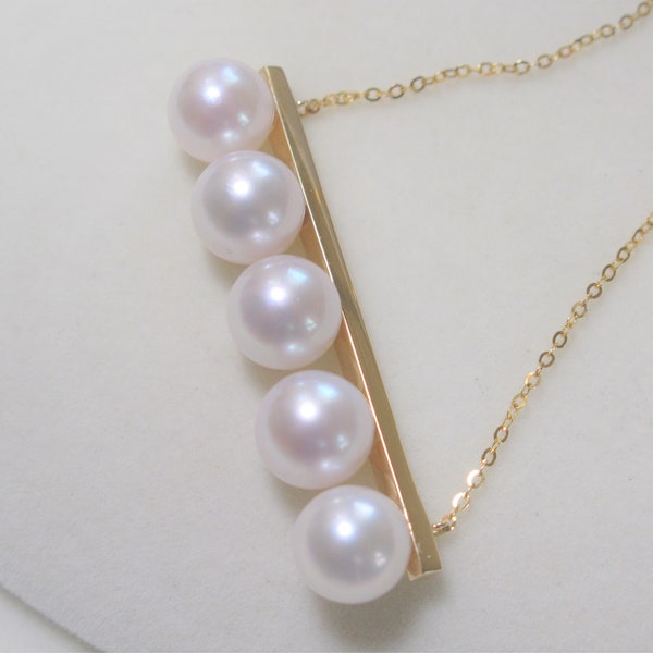 7.5-8mm GenuineNatural AAA AkoyaPearls w/18K Solid GoldBar Necklace,Pearl Bar Necklace,Simple Pearl Necklace,Gold Bar PearlNecklace(3042-NK)