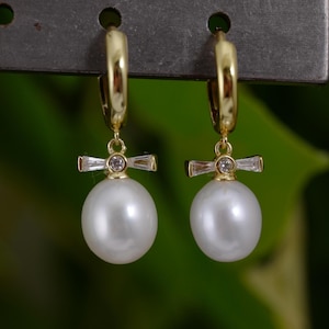 Freshwater Pearl Hoop Earrings: Sterling Silver or Gold, Bridal Jewelry
