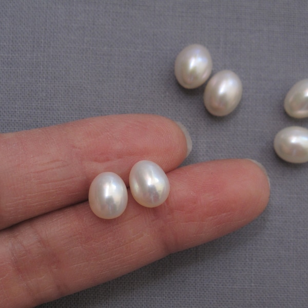 One Pair 7-7.5 x 8-9mm AAA High Luster Oval Rice Pearls, Half Drilled Pearl Beads, Genuine Natural Freshwater Teardrop Pearl Pairs (932A-FP)