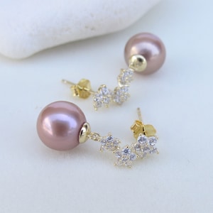 Mauve Pink Edison Pearl Earrings: Gold Sterling Silver Cubic Zirconia