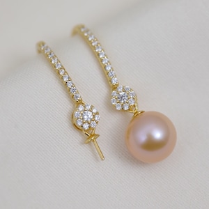 One Pair 925 Sterling Silver/Gold Hook Earring Findings w/Cubic Zirconia, DIY Earring Mounts, Half Drilled Pearls Earring Settings (538-EF)