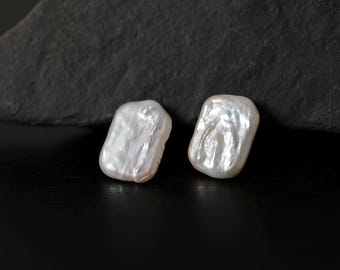Baroque Pearl Stud Earrings: 925 Silver Posts, Natural White