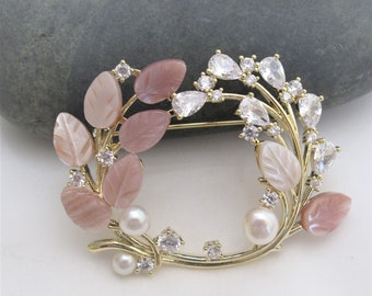 Genuine Pearl Brooch,Carved MOP Pink/White Leaf Branch Brooch, Natural White Cultured Pearl Brooch,MOP Leaf w/Pearl Brooch Pendant (5023-BR)