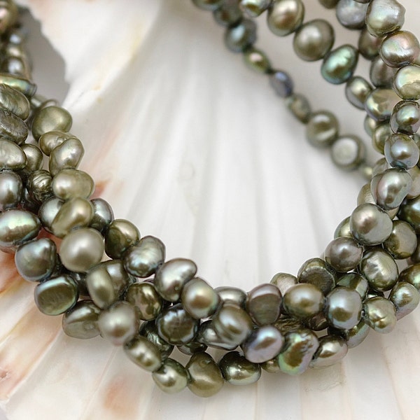 5-6mm Olivine Green Potato Nugget Pearl Beads, Genuine Freshwater Pearls,Cultured Green Nugget Pearls,Nugget Freshwater Pearl Beads (098-FP)