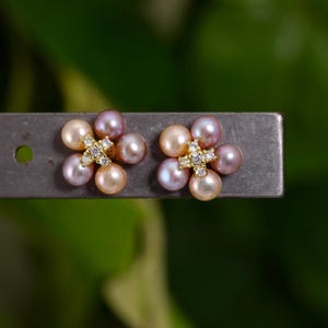 High Quality Natural Multi Pink Freshwater Pearl Earring Stud w/18k Gold Vermeil Post, High Luster Mixed Pink Genuine Pearl Earring(6015-ER)