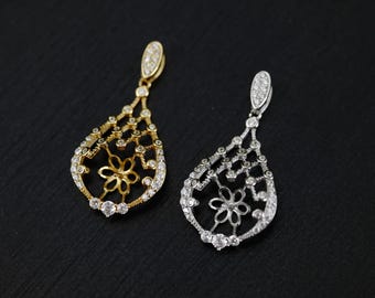 Ciondolo In Argento 925 Con Perla Rosa Coltivata E Zirconi, Gioiello Vintage