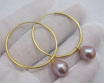 Pink Freshwater Pearl Hoop Earrings: Sterling Silver or Gold