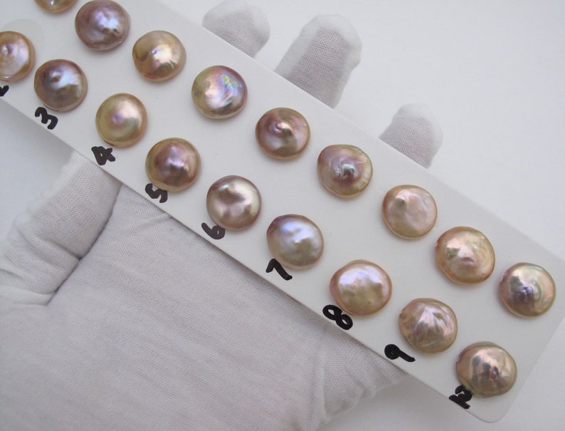 1041B-FP One Pair Rare AAA 14-15mm High Luster Beautiful Natural Mauve PinkPeachChampagne Thick Coin Freshwater Pearls,0.8mm Half Drilled