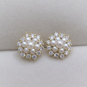 Freshwater Pearl Cluster Earrings: 925 Gold Posts, Bridal Studs