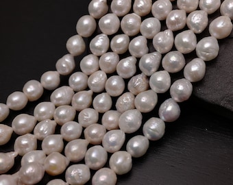 Hilo de perlas barrocas blancas de 8-10 mm: cuentas naturales de agua dulce en forma de lágrima, manualidades, suministros de joyería (084-BQ)