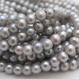 6.5-7mm Large Hole Silver Gray Slightly Ringed Potato Pearl Beads, 2.2mm Hole, High Luster Genuine Cultured Grey Freshwater Pearls (329-LH)