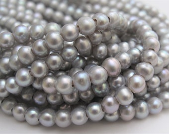 6-6.5mm Large Hole Silver Gray Freshwater Pearl Strand: Cultured Potato Beads 2.2mm Hole, DIY Jewelry, Crafting Supplies (329-LH)