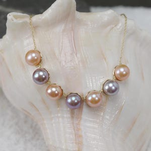 Rare Beautiful Natural Multi Pink 9mm Freshwater Pearl Row Necklace w/18k Gold Vermeil Chain Necklace,Simple Bridal Pearl Necklace (3180-NK)