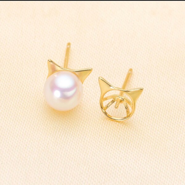 925 SterlingSilver OR Gold Cats Head Earring Setting for Half Drilled Pearl Beads,DIY Jewelry,925 Sterling Earring Mounting Findings (376)
