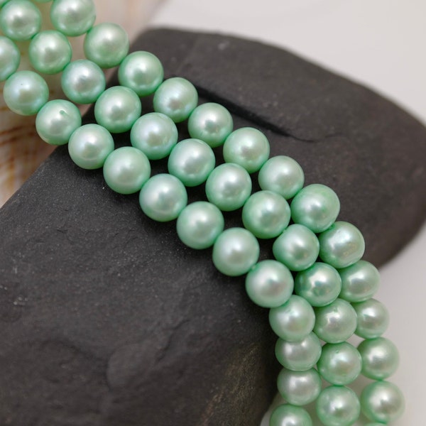7.5-8mm Beautiful Mint Green Colored Semi Round/Potato Freshwater Pearl Beads, Rare High Shine Genuine Cultured Freshwater Pearls (1187-FP)