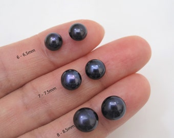 AAAA High Luster Beautiful Black Peacock Round Button Pearl Beads,Half Drilled Black FLAT Back Loose Genuine Freshwater Pearl Beads (280-BK)
