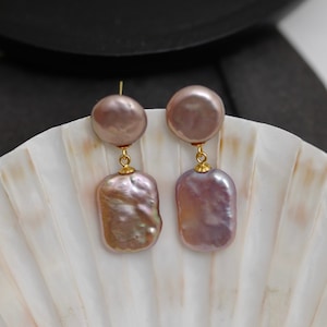 Mauve Pink Freshwater Pearl Earrings: Sterling Gold Dangle Earrings