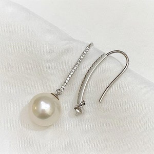 One Pair 925 Sterling Silver Long Earring Hooks with Cubic Zirconia,Half Drilled Pearl Earring Findings, DIY Pearl Earring Setting (752-EF)