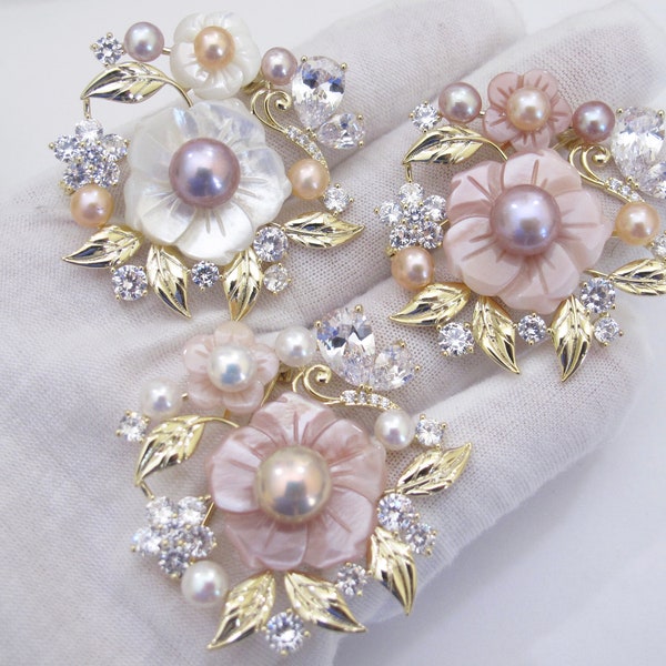 Genuine Freshwater Pearl Brooch, Beautifully Carved Natural White/Pink Mother Of Pearl Shell Brooch with AAA Genuine Cultured Pearls(316-BR)