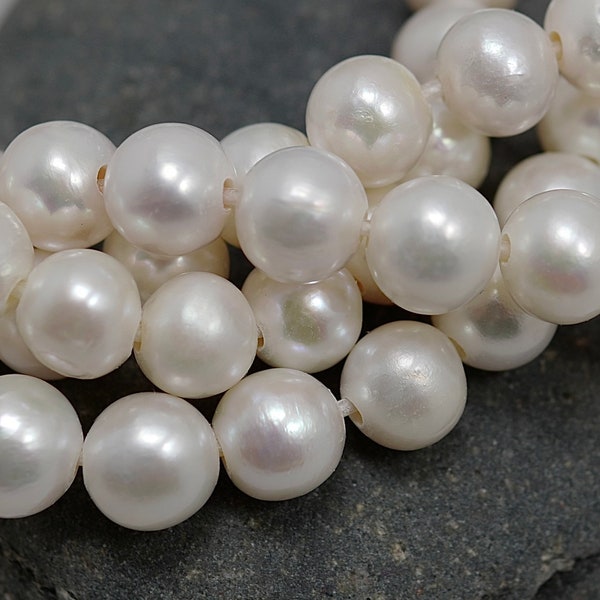 9.3-10.3mm Half Strand Large Hole Semi Round Natural White Freshwater Pearl Beads 2.2mm Hole, Lustrous Genuine Freshwater Pearls (083-LH)