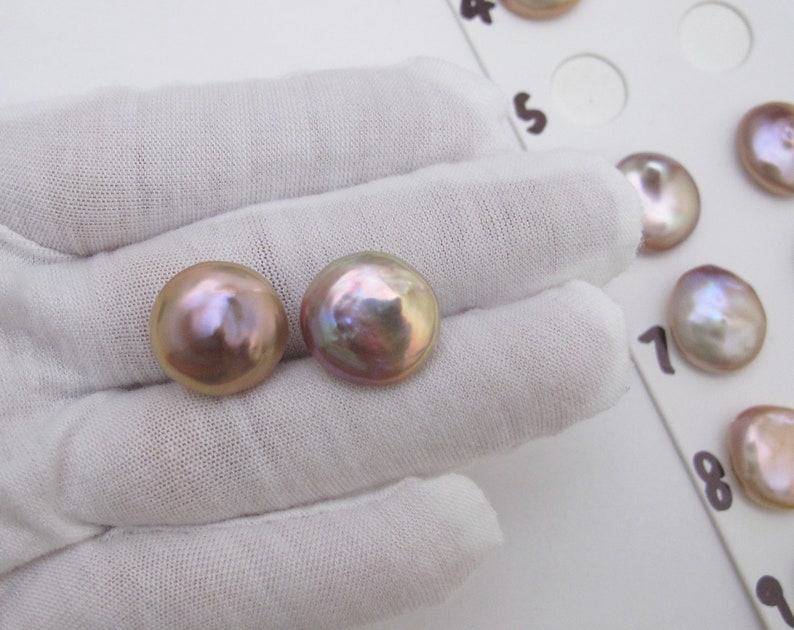 1041B-FP One Pair Rare AAA 14-15mm High Luster Beautiful Natural Mauve PinkPeachChampagne Thick Coin Freshwater Pearls,0.8mm Half Drilled
