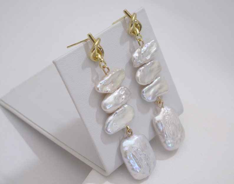 Genuine Natural White Freshwater Pearl w/925 Sterling Gold Post Earring,Pearl Dangle Earring,Designers Natural Pearl Bridal Earring6122-ER image 7