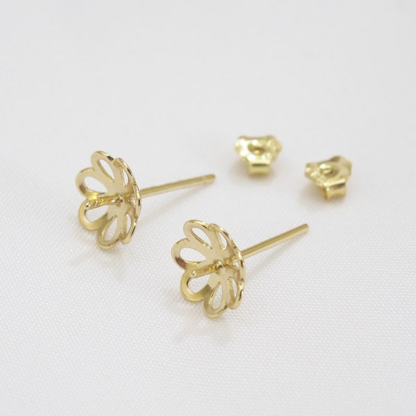 8mm 925 Sterling Gold Flower Stud Earring Setting for Half Drilled Pearl Beads,DIY Pearl Jewelry,925 Gold Earring Mounting Findings (EF-470)