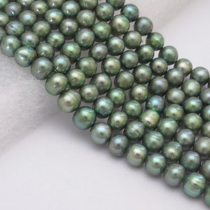 6-7mm Olive Green Potato Freshwater Pearl Beads, High Luster Genuine Freshwater Pearls, Oliver Green Potato Cultured Pearl Beads (059-FPGN)