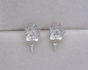 925 Sterling Silver OR Gold Flower Earring Stud Setting for Half Drilled Pearls Beads, Wholesale DIY Pearl Earring Mounts Findings (5033-EF)
