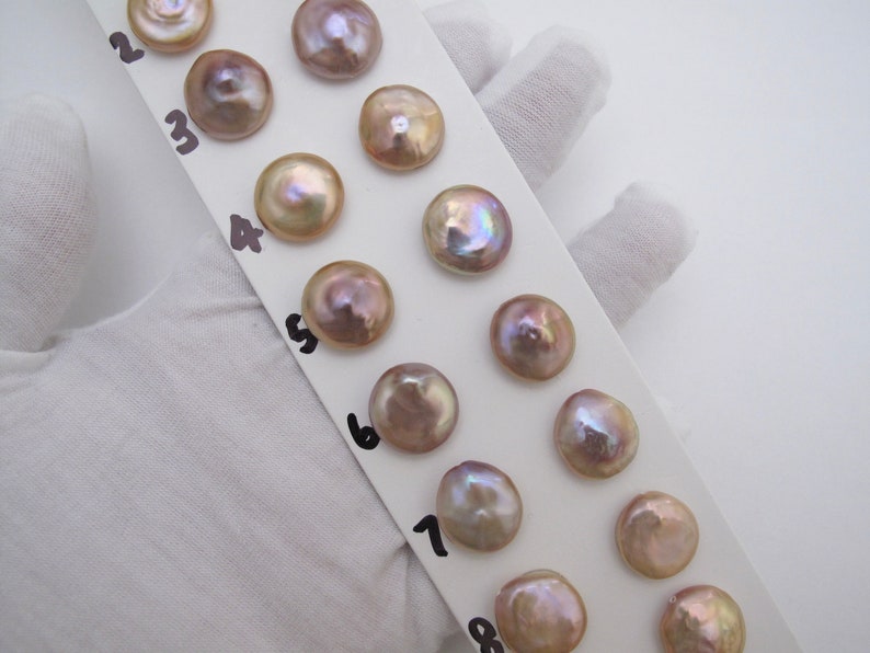 1041B-FP One Pair Rare AAA 14-15mm High Luster Beautiful Natural Mauve PinkPeachChampagne Thick Coin Freshwater Pearls,0.8mm Half Drilled