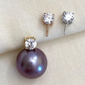 Solid 18K Gold Pendant Setting w/Cubic Zirconia for Half Drilled Pearls,Pearl Peg Pendant Bail,DIY PearlSetting,Pearl Pendant Mounts (K-804)
