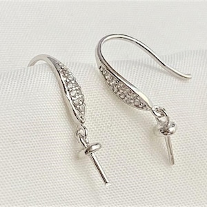 One Pair 925 Sterling Silver/Gold/RoseGold Hook Earring Findings w/CZs,DIY Earring Mounts,Half Drilled Pearls Hook Earring Settings (652-EF)