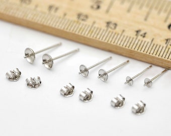 3 Pairs 3/4/5mm Cup Sterling Silver Post Earring Peg Pearl Findings,Anti-Allergic Nickel Free 925 Silver Earring Peg Stud Settings (5087-ER)