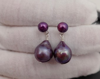 Beautiful Genuine Baroque Freshwater Pearl Earrings w/925 Sterling Silver/Gold Posts,Irregular Teardrop Dark Purple Pearl Earrings (6133-ER)