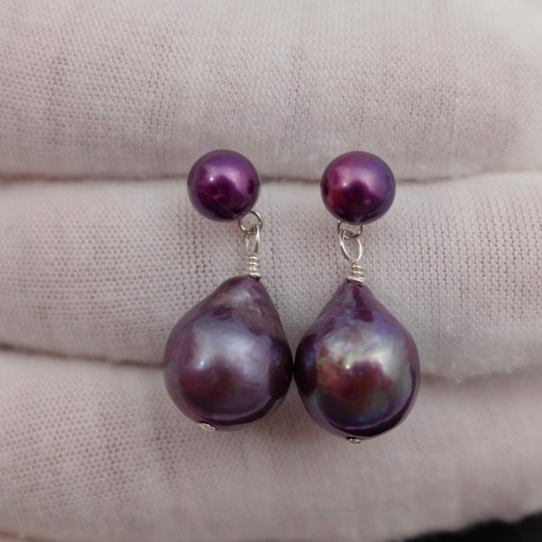 Beautiful Genuine Baroque Freshwater Pearl Earrings w/925 Sterling Silver/Gold Posts,Irregular Teardrop Dark Purple Pearl Earrings (6133-ER)