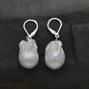 Genuine Natural Baroque Pearl Dangle Earrings w/925 Sterling Silver Lever back, Irregular Baroque Freshwater Pearl Silver Earrings (6138-ER)