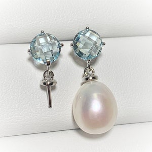 One Pair 925 Sterling Silver/Gold Post Earring Findings w/Aquamarine Color CZs, DIY Earring Mounts,Half Drilled Pearls Studs Setting(658-EF)