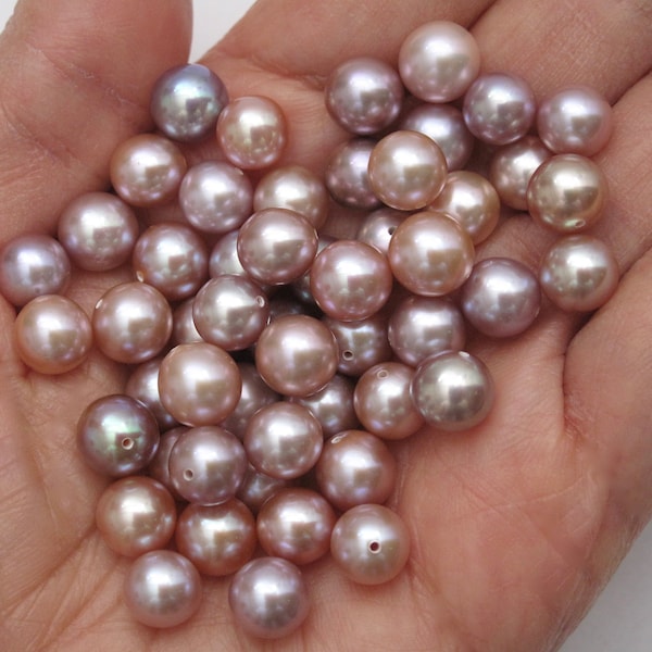 1 PC 7-8mm Natural Pink Nearly Round Half Drilled AAA Freshwater Pearls (Not Paired), Beautiful Lustrous Genuine Multi Pink Pearls (1120-FP)