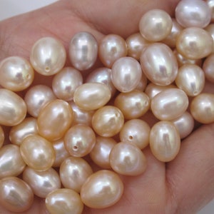 1 PC 7-8 x 9-10mm Oval Rice Natural Lt. Pink Freshwater Pearls - NOT Paired, Half Drilled Pink Loose Pearls, Genuine Cultured Pearls (933B-FP)