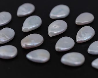 White Teardrop Coin Pearls: Natural Freshwater Pearl Beads (0.8mm Half Drilled) (9007-FP)