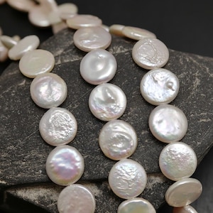 10-11mm White Coin Freshwater Pearl Beads: Pinkish Hue