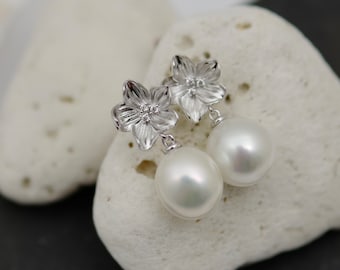 Baroque Pearl Earrings: Sterling Silver Flower Post, Freshwater Pearl Bridal Jewelry