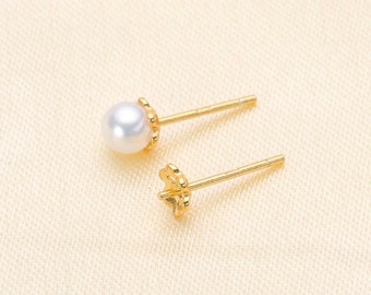 925 Sterling Silver OR Gold Flower Stud Earring Setting for Half Drilled Pearls Beads, DIY Sterling Silver Earring Mounting Findings(EF-470)