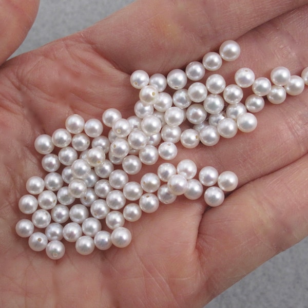 Rare 4-4.5mm AAAA Undrilled/Half Drilled/Hole Thru HighLuster Round Loose Pearls,Genuine Natural White Single Freshwater Pearl Beads(275-FP)