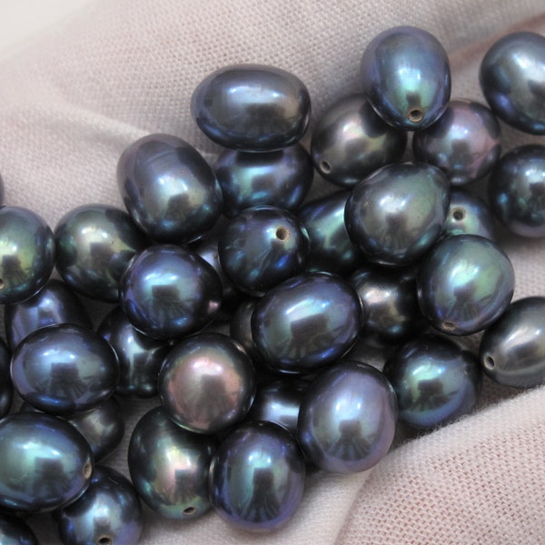 8-9m x 10-11mm AAA Lustrous Oval Rice Single Peacock Pearls-NOT Paired,Half Drilled Genuine Freshwater Peacock Colored Loose Pearls(1182-FP)